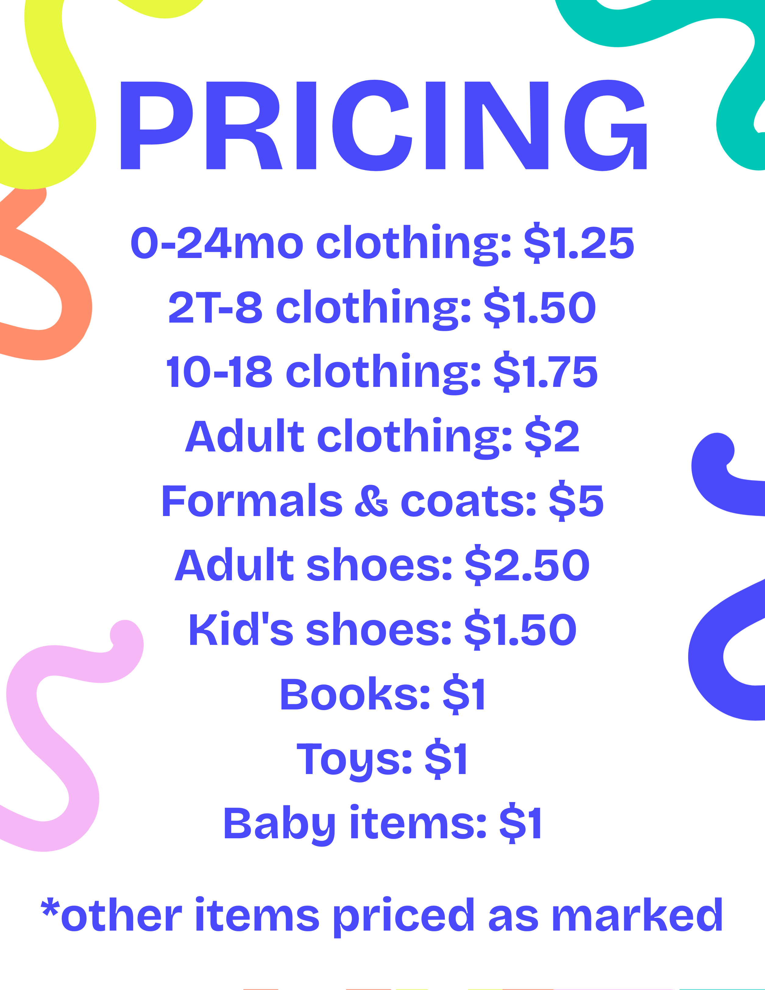 Thrift out thrift store pricing sheet